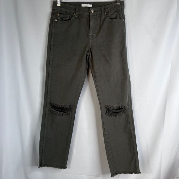 7 for All Mankind Army Green Raw Ankle Skinny Jean Destructed Knee Size 25 - Picture 5 of 12